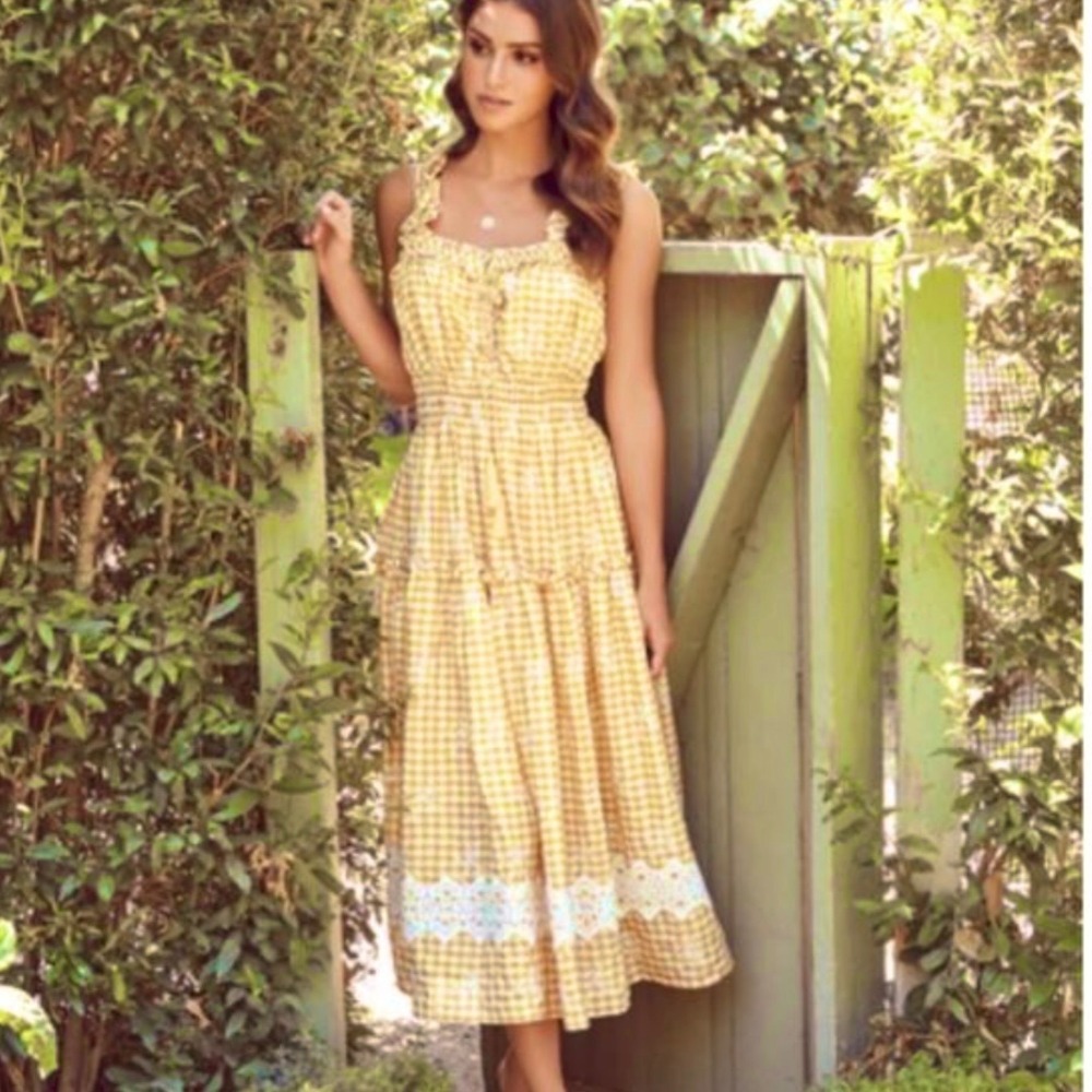 VICI Gingham Eyelet Maxi Dress Women SM Yellow Coquette Cottage Picnic Romantic